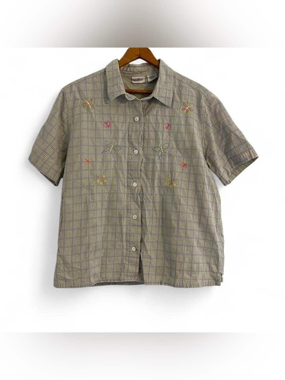 Jenny Buchanan Women's L Vintage 90s 100% Cotton Plaid Pastel Embroidered Top
